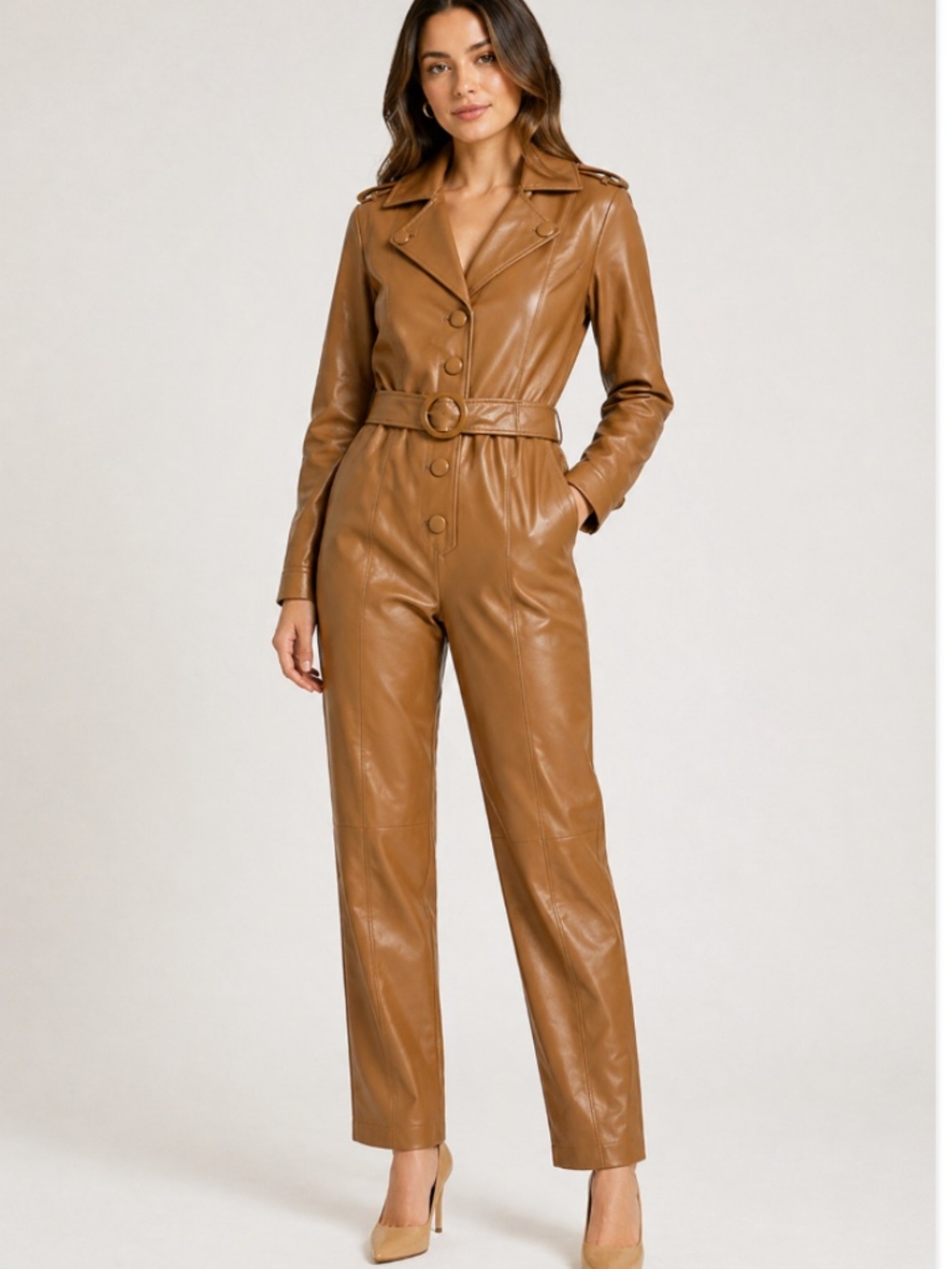 Ronny Kobo x Revolve Alie Vegan Leather Belted Jumpsuit Womens XS Cognac Brown